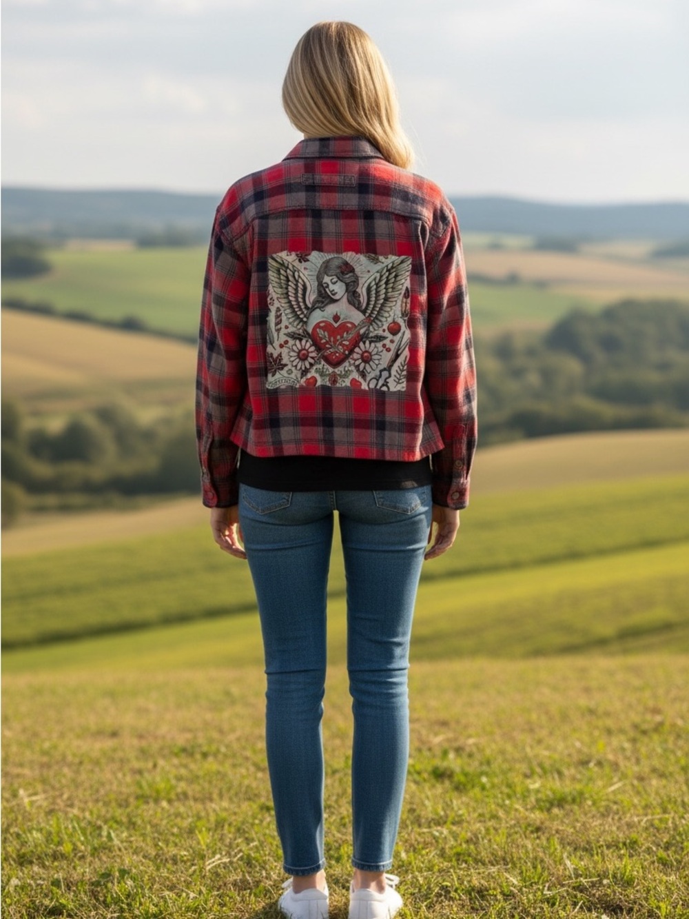 Duluth Trading Co, Custom Upcycled Flannel Shacket, Medium, Grunge, Red Plaid - Picture 3 of 11